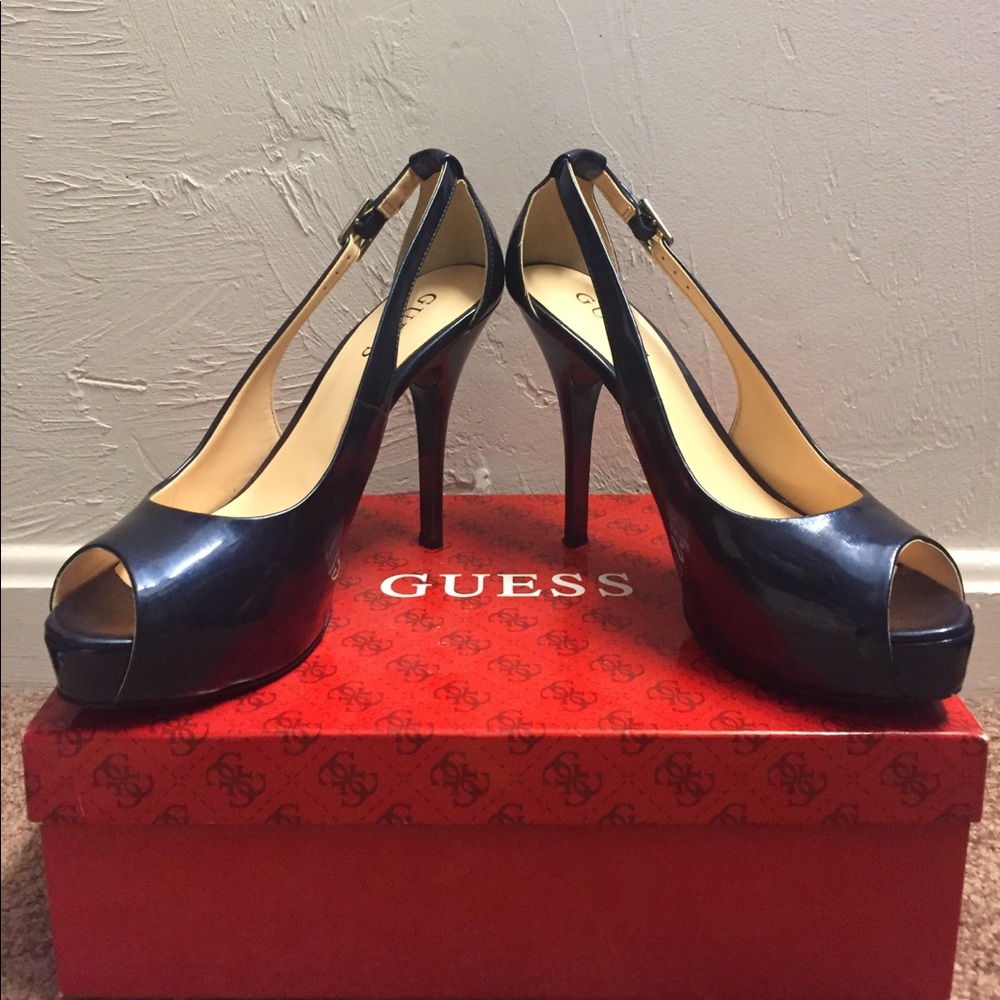 Guess Harrah Navy Blue High Heel Peep Toe Pumps